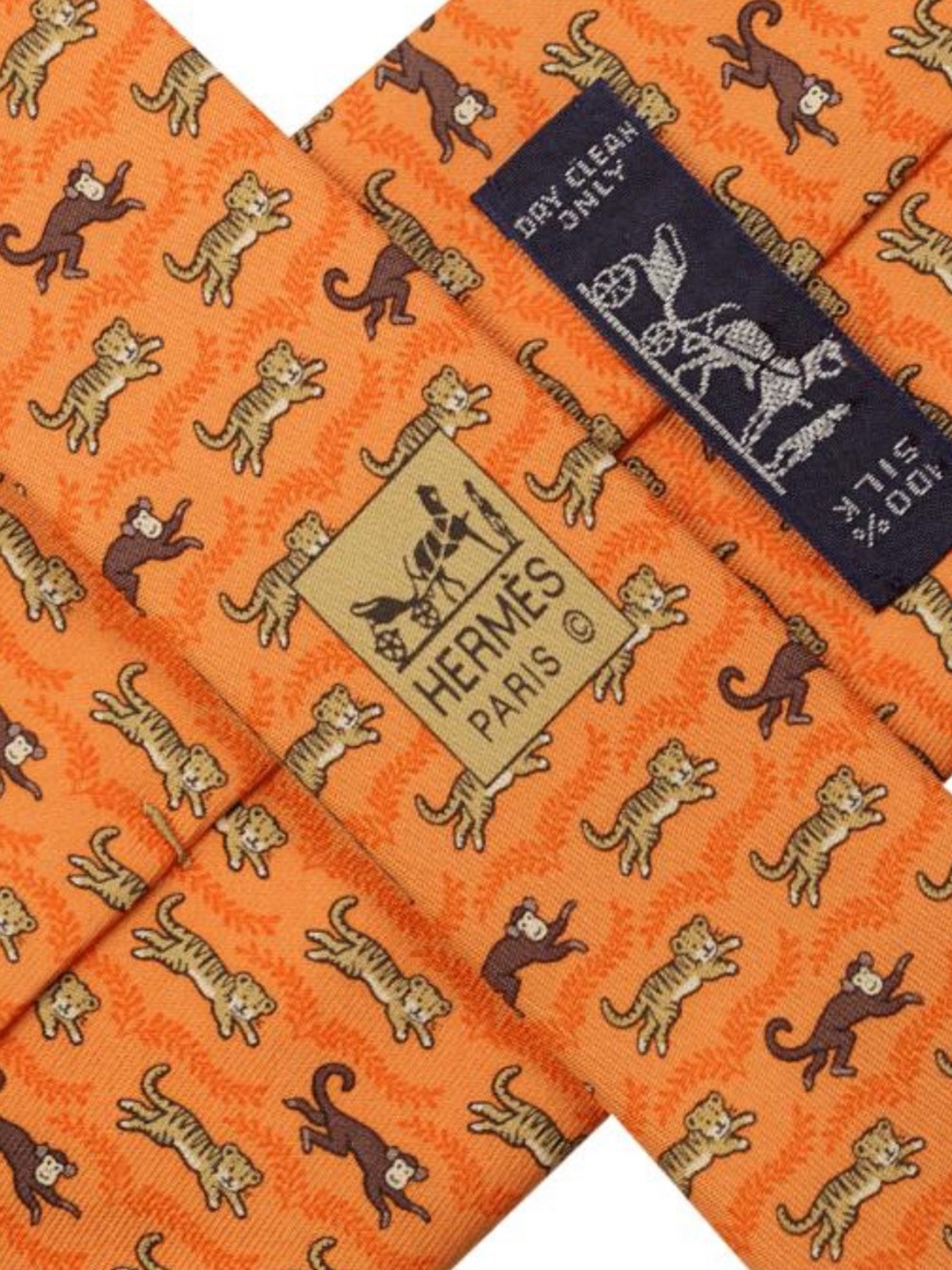 Authentic Hermés Orange Silk Tigers & Monkeys Necktie